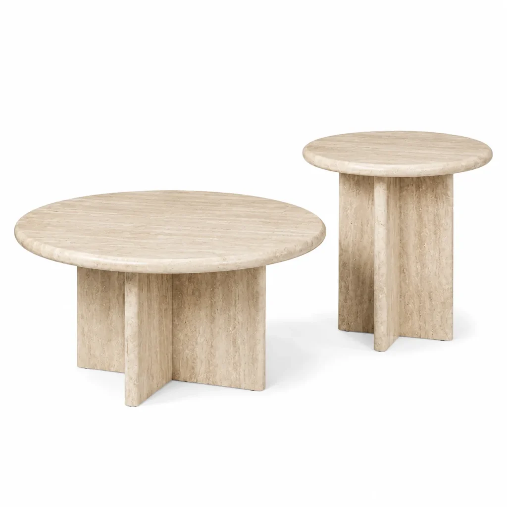 Round Travertine Coffee Table Set