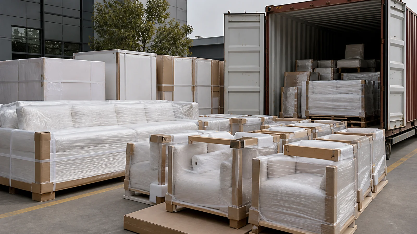 Luxury furniture prepared with protective export packaging for overseas delivery