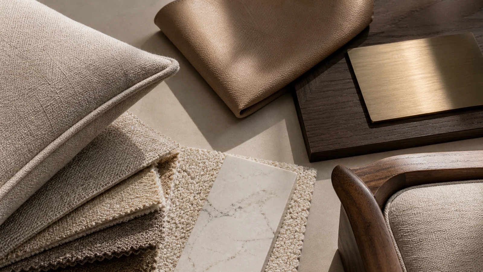 High-end furniture material samples with fabric leather wood stone and metal finishes