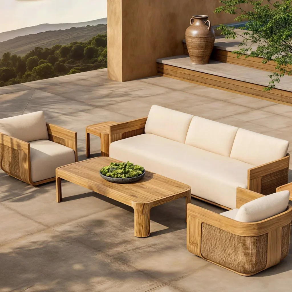 Teak And Rattan Outdoor Sofa Set